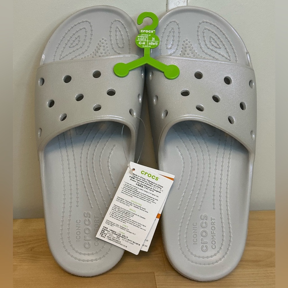Crocs Pearl Gray Classic Comfort Slide Sandals M10 W12 Lightweight NWT